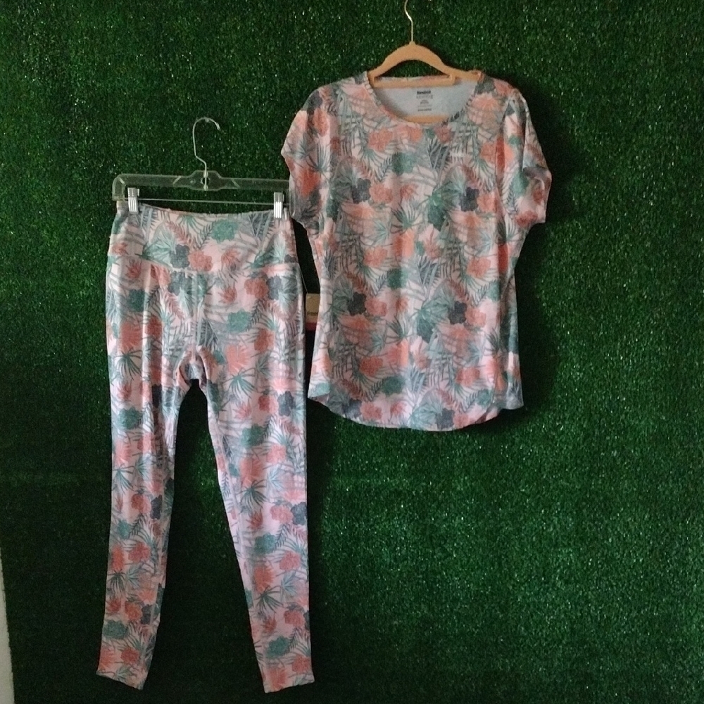 Reebok Women Tropical Athletic Top Athletic Set in Pink and Green Tropical Print
